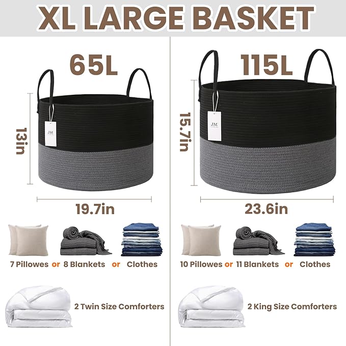 JMvicyroam 65L Extra Large Machine Washable Cotton Rope Blanket Basket | - Image 3