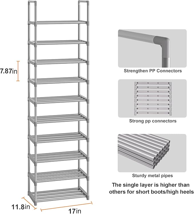 OYREL 10-Tier Metal Shoe Rack, Narrow Shoe Rack Organizer, Sturdy Shoe Shelf - Image 3