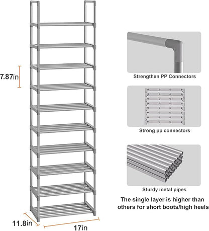 OYREL 10-Tier Metal Shoe Rack, Narrow Shoe Rack Organizer, Sturdy Shoe Shelf - Image 3
