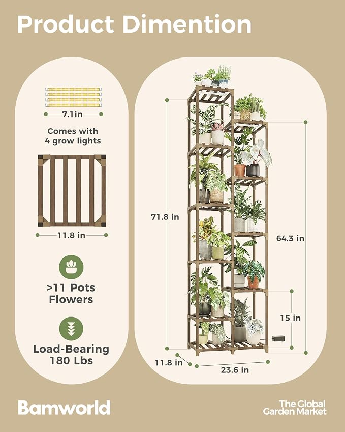 Bamworld Plant Stand with Grow Lights Indoor Outdoor 11 Tier Tall Large Wood - Image 3