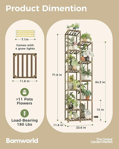 Bamworld Plant Stand with Grow Lights Indoor Outdoor 11 Tier Tall Large Wood - Image 3