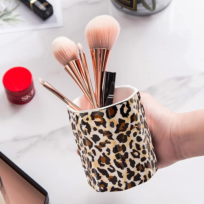 Jwest Pen Holder, Makeup Brush Holder Ceramic Shiny Gold Leopard Cheetah - Image 3