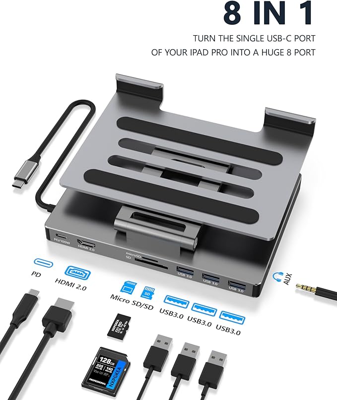 iPad Pro USB C Hub Stand, PD Charging, SD/TF Card Reader, 3 USB 3.0, 3.5mm Audio - Image 2