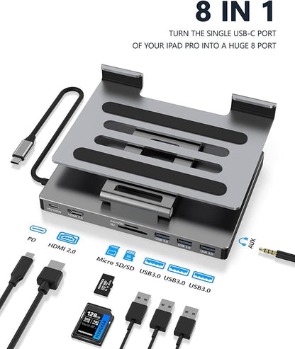 iPad Pro USB C Hub Stand, PD Charging, SD/TF Card Reader, 3 USB 3.0, 3.5mm Audio - Image 2