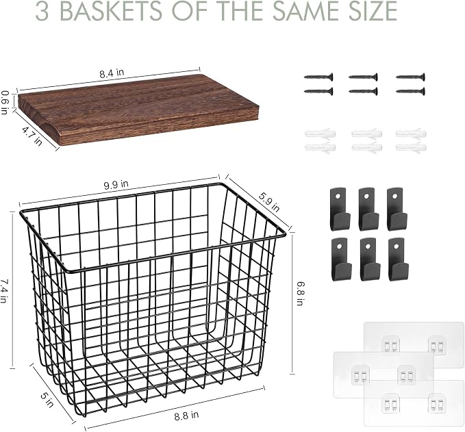 Wall Hanging Baskets, 3 Wooden Wire Bins - Image 2
