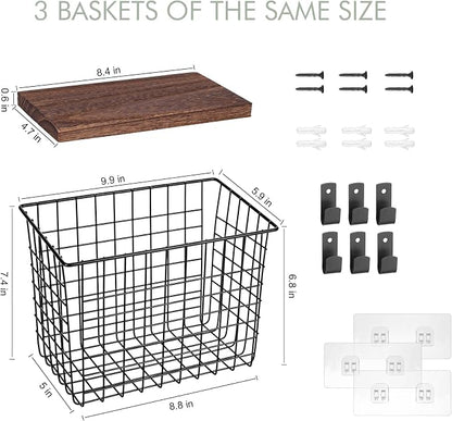 Wall Hanging Baskets, 3 Wooden Wire Bins - Image 2