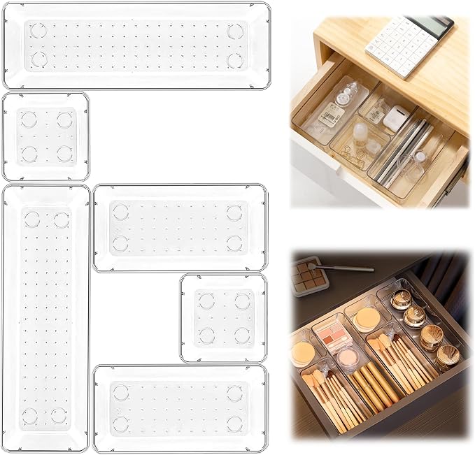 6 Pack Clear Drawer Organizer Set, Versatile Bathroom and Vanity Organizer Trays by Fodofodo