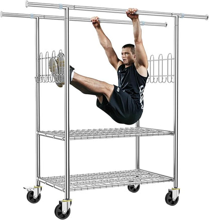 100% Stainless Steel Heavy Duty Clothes Rack, Load 960LBS, Double Rod, by FYBEE