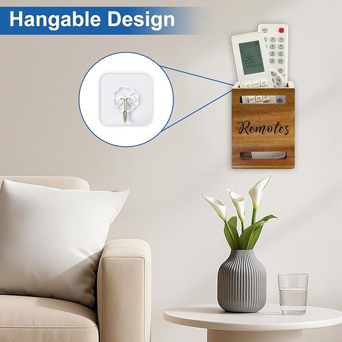 Hilislog TV Remote Control Holder Wall Mount Acacia Wood Caddy - Image 3