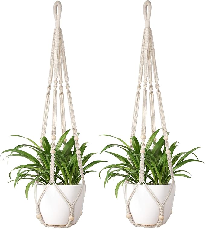 Mkono Macrame Plant Hanger Indoor 35 Inch Hanging Planter Basket Ivory 2Pcs | by Mkono