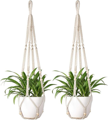 Mkono Macrame Plant Hanger Indoor 35 Inch Hanging Planter Basket Ivory 2Pcs | by Mkono