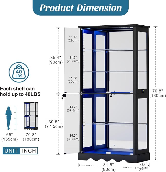 Display Cabinet with Glass Doors, LED Display Case with Removable Shelf - Image 2