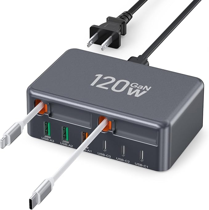 Upgraded 8-in-1 Retractable USB C Charger Block, 120W GaN Multi Charging by BREEKET