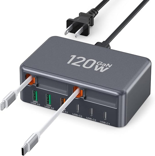 Upgraded 8-in-1 Retractable USB C Charger Block, 120W GaN Multi Charging by BREEKET