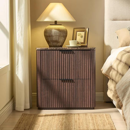 Fluted Nightstand with 2 Drawers, Bedside Table with Faux Marble-Top, - Image 7