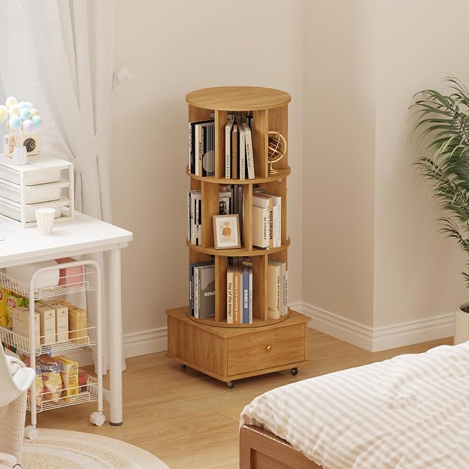 3-Tier Rotating Bookshelf with Drawers on Wheels, 360° Spinning Corner Bookcase by LSHUIZHU