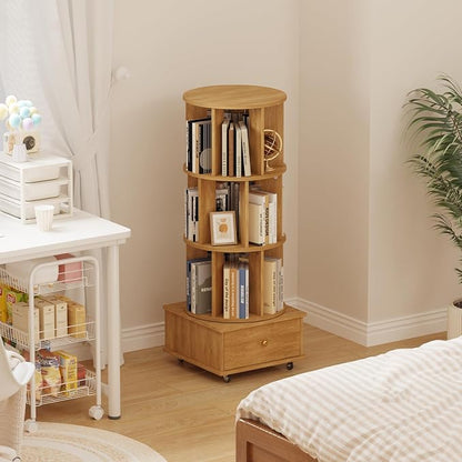 3-Tier Rotating Bookshelf with Drawers on Wheels, 360° Spinning Corner Bookcase by LSHUIZHU