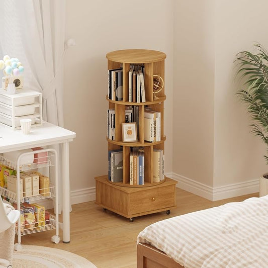 3-Tier Rotating Bookshelf with Drawers on Wheels, 360° Spinning Corner Bookcase by LSHUIZHU