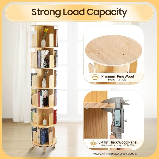 Rotating Bookshelf, 6-Tier Pine Wood Bookcase, Freestanding Bookcase Books - Image 2