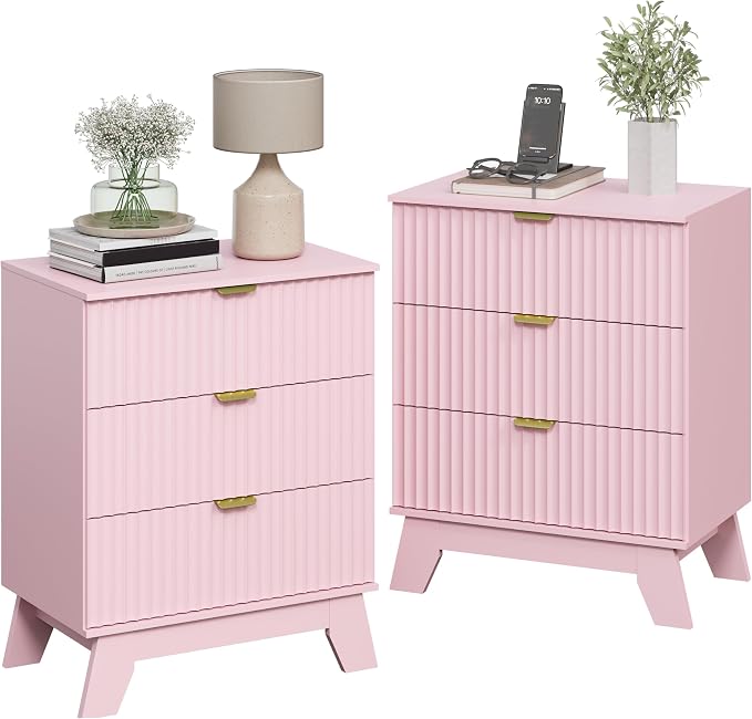 Night Stand Set 2, Bedside Table & End Table, Mid Century Modern Fluted Wood - Image 3