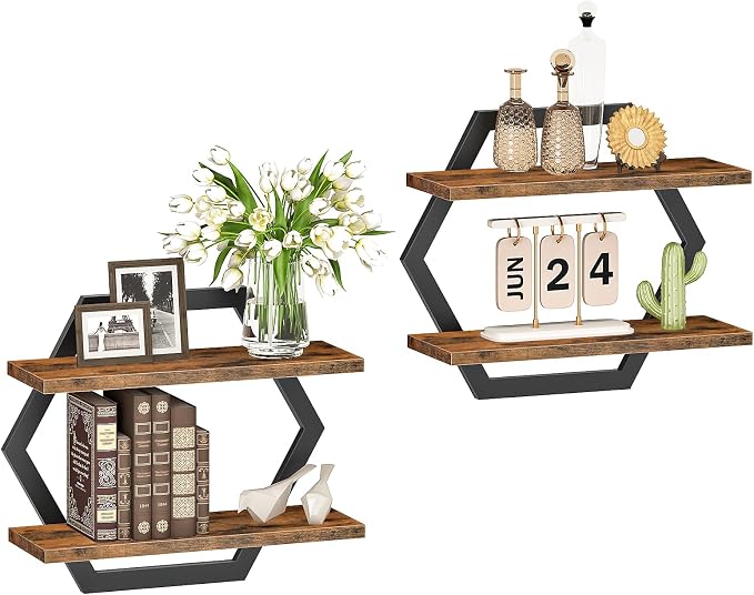 Hexagon Floating Shelves for Wall, 2 -Tier Hanging Shelves, Wall Mounted - Image 8