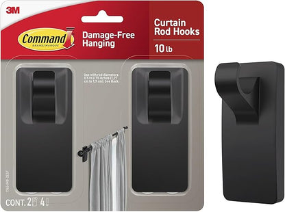 Command 10 lb Matte Black Curtain Rod Hooks, 2 Hooks and 4 Strips, No Drilling by Unknown