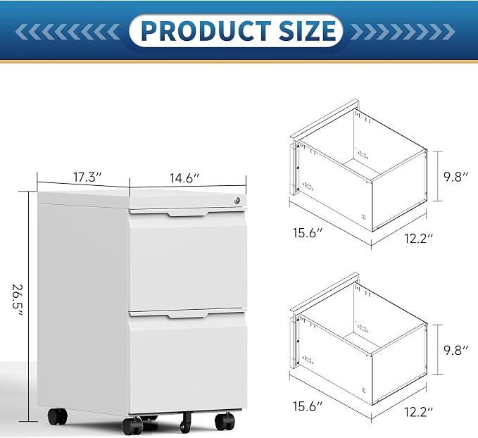 File Cabinet 2 Drawers on Wheels Under Desk, Locking Filing Cabinets - Image 3
