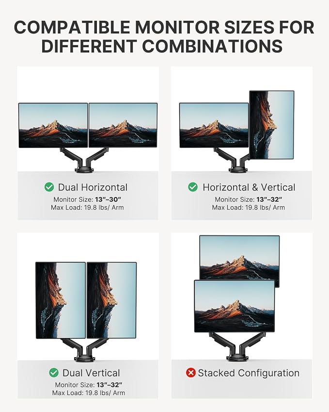HUANUO Dual Monitor Stand, Fully Adjustable Monitor Desk Mount - Image 8