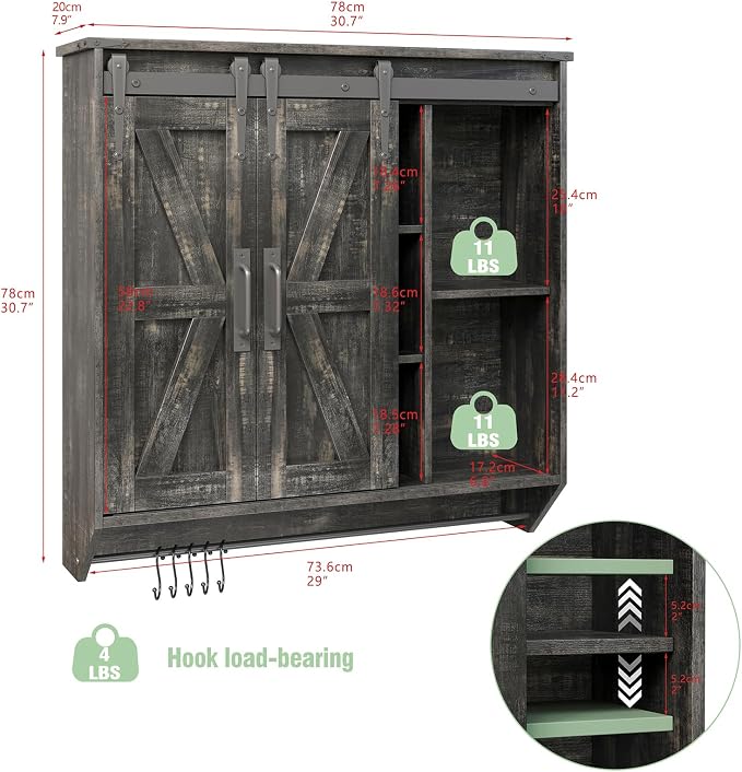 Trironsun Farmhouse Medicine Cabinet 2 Sliding Barn Doors 3 Tier Rustic Wood - Image 3