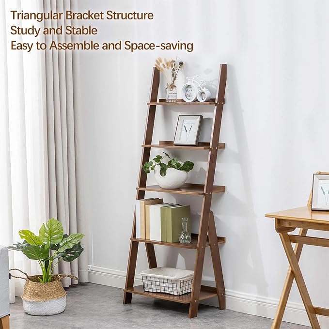 DOUSY-5-Tier Ladder Shelf Bookcase, Bamboo Ladder Bookshelf Leaning Book Shelf - Image 6