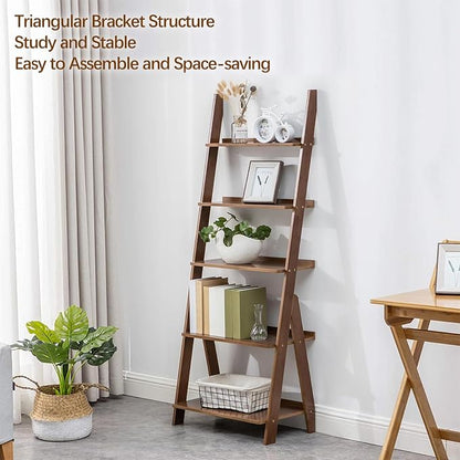 DOUSY-5-Tier Ladder Shelf Bookcase, Bamboo Ladder Bookshelf Leaning Book Shelf - Image 6
