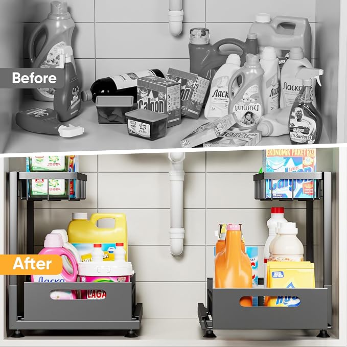 Under Sink Organizer Storage 2-Tier Premium Metal Pull-Out Racks, Height - Image 3