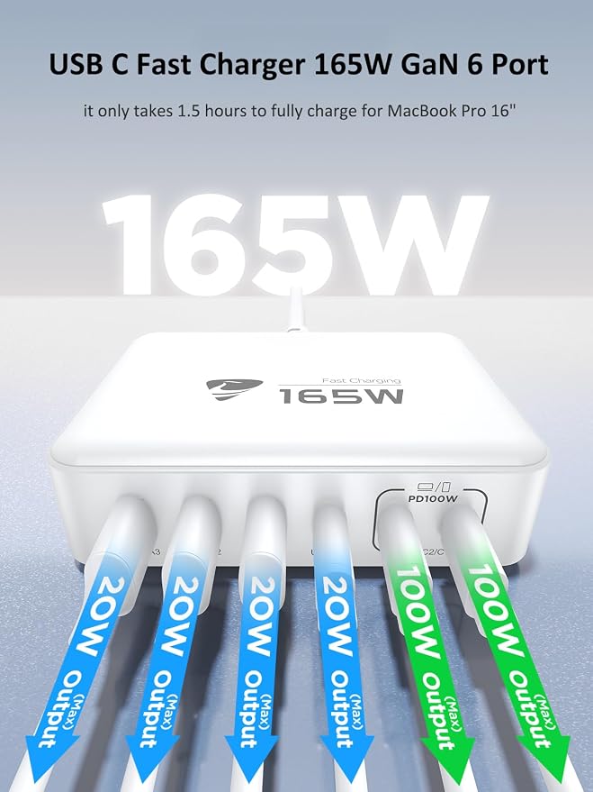 165W USB C Charging Station 6-Port GaN USB C Charger, PD 100W Laptop Hub Wall - Image 2