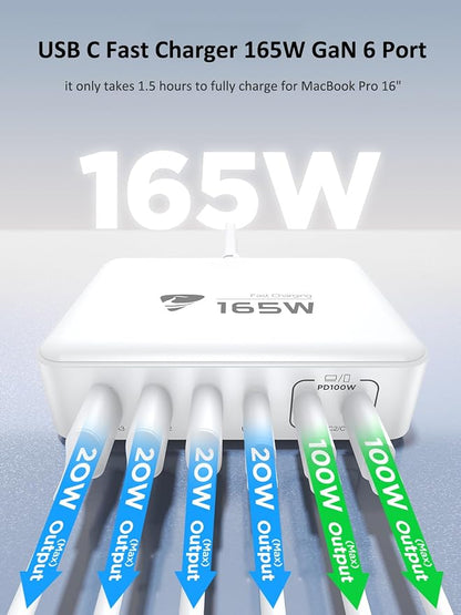 165W USB C Charging Station 6-Port GaN USB C Charger, PD 100W Laptop Hub Wall - Image 2
