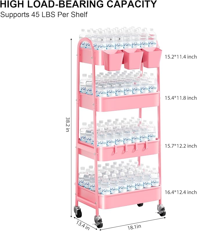 4 Tier Rolling Cart Metal with Lockable Wheels, Four Tiered Pink Trolley Cart - Image 9