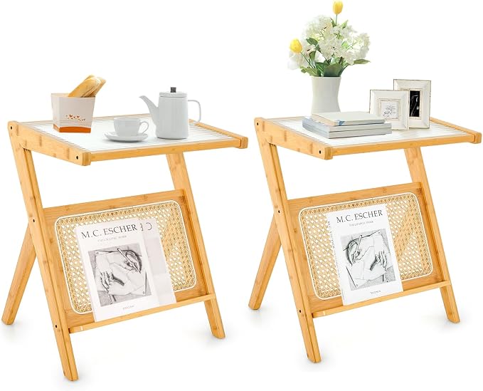 GOFLAME Rattan Side Table Set of 2, Z-Shaped End Table by GOFLAME