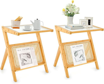 GOFLAME Rattan Side Table Set of 2, Z-Shaped End Table by GOFLAME