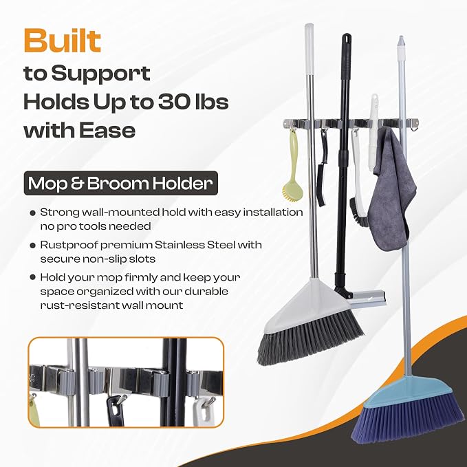 Heavy-Duty Stainless-Steel Broom Holder Wall Mount - Image 3