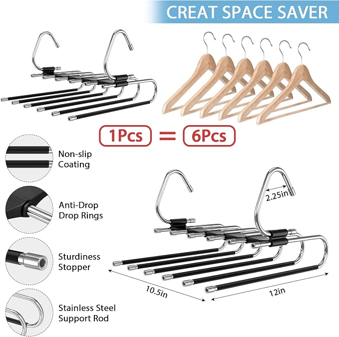 Upgrade 6 Layers Pants Hangers Space Saving, 2 Pack Stainless Steel - Image 5
