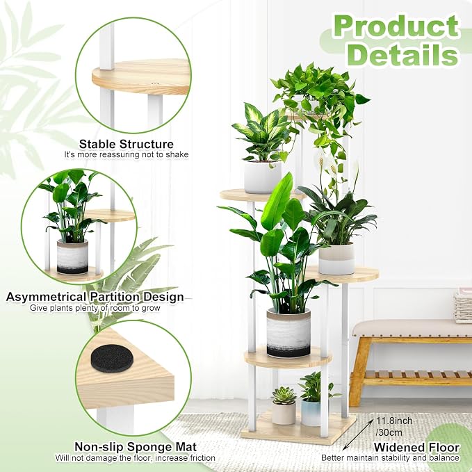 5 Tier Wood Tall Plant Stand Metal Rack Indoor, Round Planter Shelf Display - Image 3