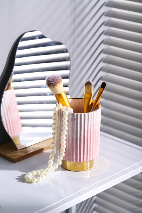 IEEK Pink and Gold Makeup Brush Holder Organizer, Glass Cosmetics Brushes Cup - Image 2