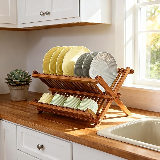 Utoplike Teak Dish Drainer Rack Collapsible 2 Tier Dish Rack Dish Drying Rack - Image 4