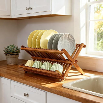 Utoplike Teak Dish Drainer Rack Collapsible 2 Tier Dish Rack Dish Drying Rack - Image 4