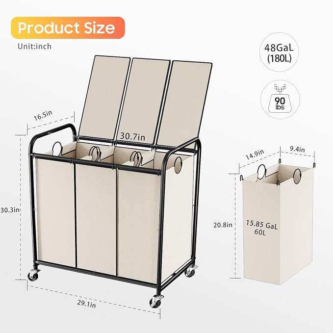 180L Laundry Sorter 3 Section, Rolling Laundry Basket - Image 2