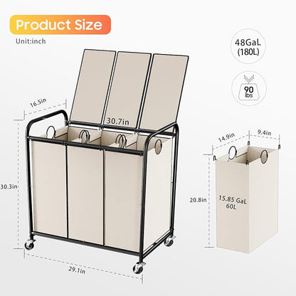 180L Laundry Sorter 3 Section, Rolling Laundry Basket - Image 2