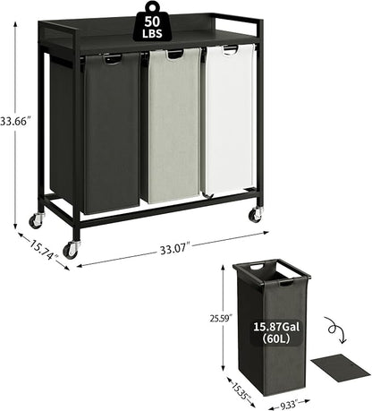 Laundry Hampers with Shelf, Laundry Basket 3 Section, Laundry Sorter with - Image 4