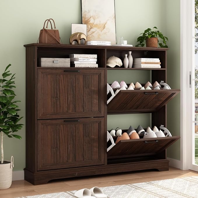 Shoe Storage Cabinet with 4 Flip Drawers, Farmhouse Modern Hidden Shoes Rack by WINWY