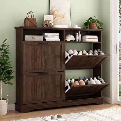 Shoe Storage Cabinet with 4 Flip Drawers, Farmhouse Modern Hidden Shoes Rack by WINWY