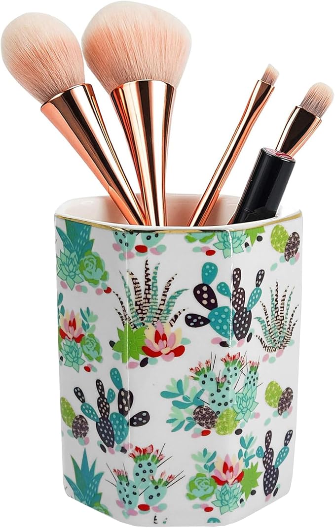 Pen Holder, Makeup Brush Holder Ceramic Shiny Gold Tropical Cactus Floral - Image 2