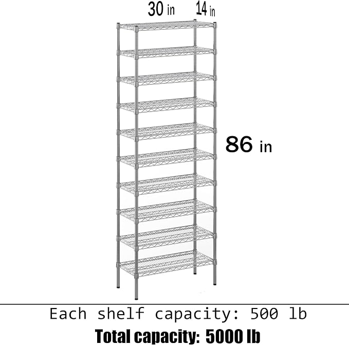 14" Deep x 30" Wide x 86" Height Wire Shelving Kit | 10-Tier | NSF Commercial - Image 3